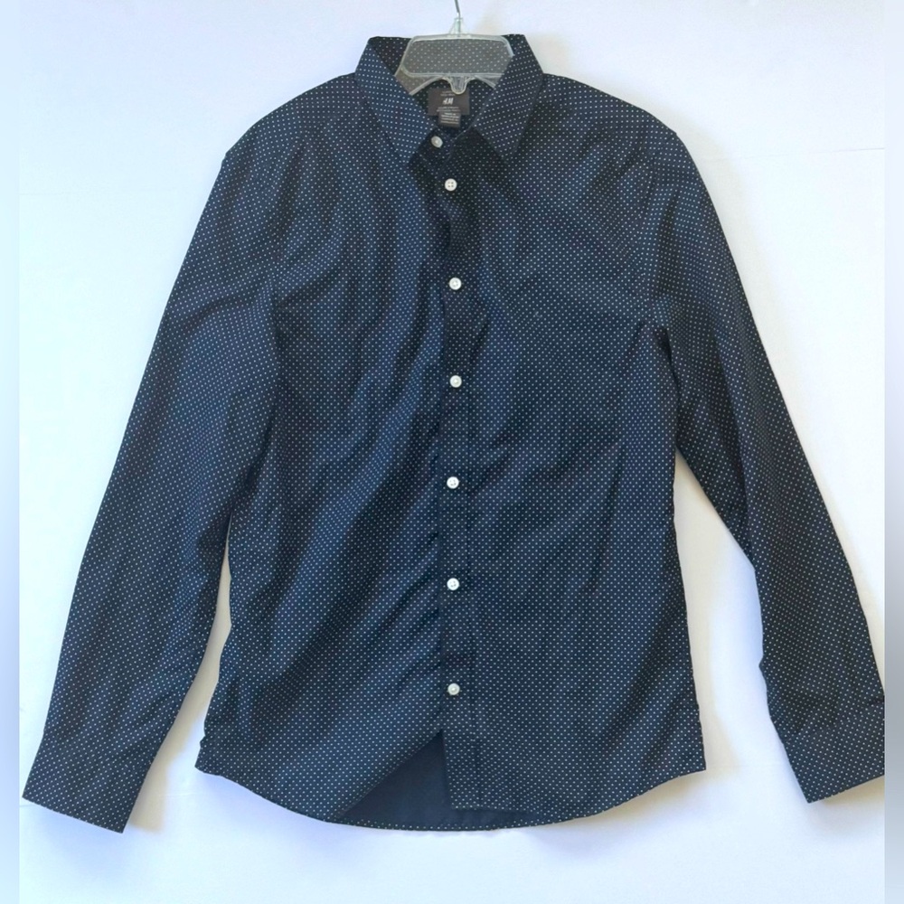 H&M Slim Fit Easy Iron Navy Blue with White Dots Shirt Size M